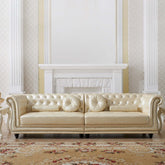 Luxurious Champagne Faux Leather Sofa with Ottoman and Seating for 4